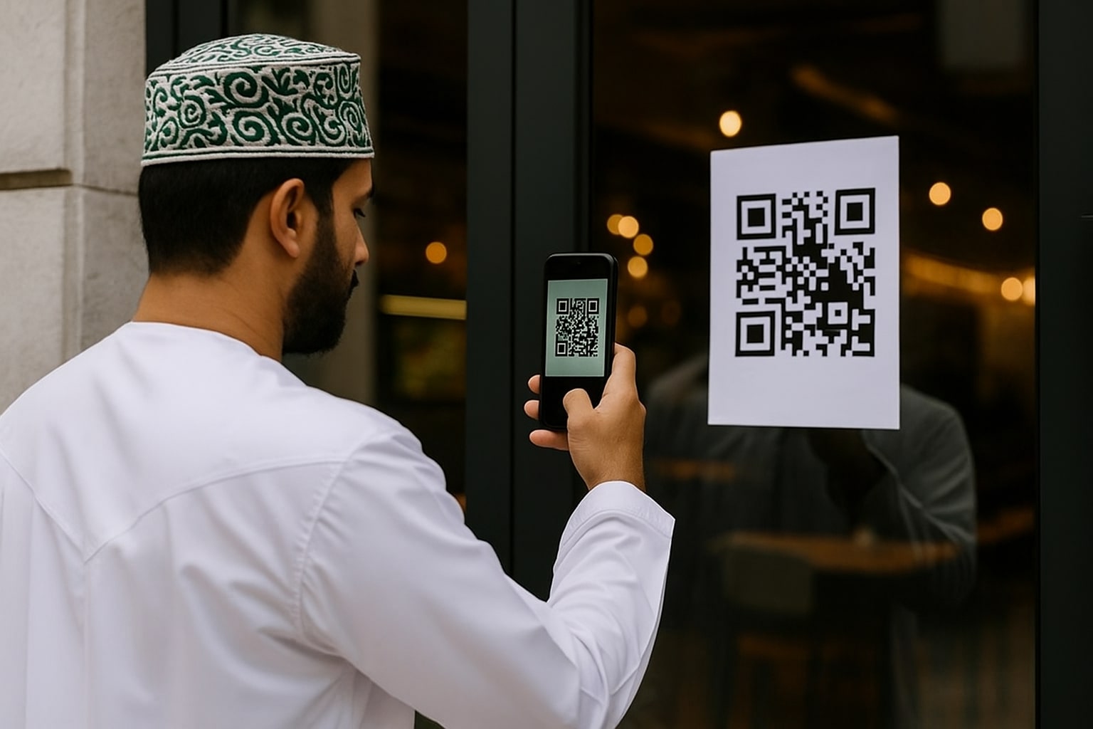 Omani man scanning QR code