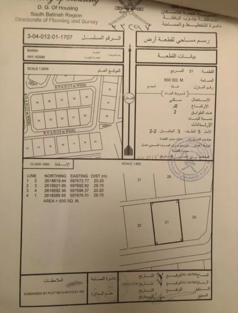 ارض سكنية بركاء حي عاصم 18500