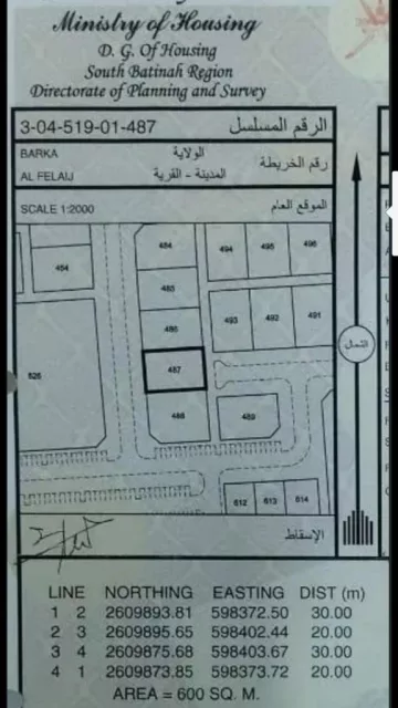 الفليج المعموره بركاء ارض سكنيه مفتوحة من جهتين امام وخلف
