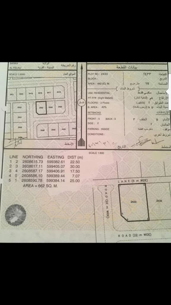 ارض كورنر موقع ممتاز في بركاء الفليج المعموره قرب البيوت