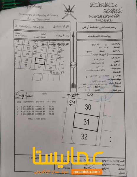 ارض سكنية مميزة في بركاء الصومحان رقم القطعة 31