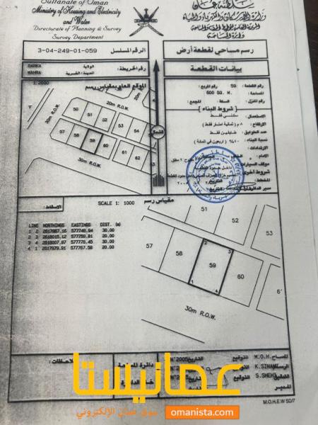 ارض سكنية مميزة في بركاء الوهرة رقم القطعة 59