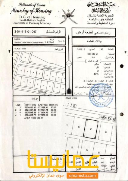 ارض سكنية مميزة في بركاء السوادي الطماطم رقم القطعة 47