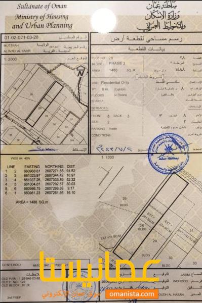 للبيع ارض سكنية ممتازة في مطرح الوادي الكبير رقم القطعة 28
