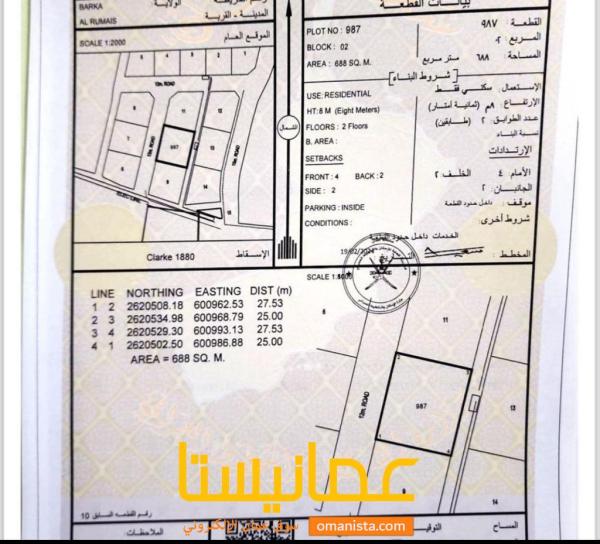 للبيع ارض سكنية ممتازة في بركاء الرميس الشمال وسطية رقم القطعة 9