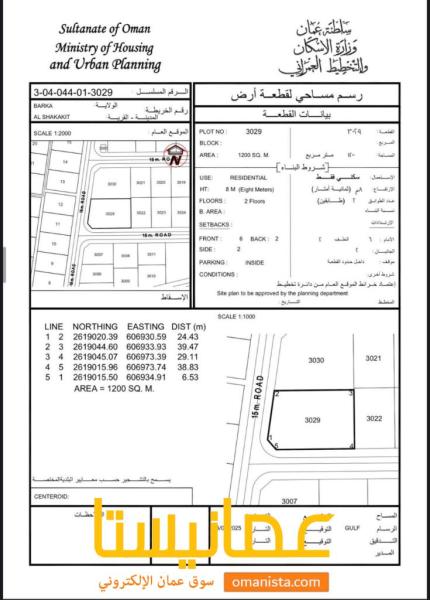 ارض سكنية مميزة في بركاء الشاخيط جنوب رقم القطعة 3029