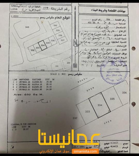 ارض تجاريه سمائل لزغ مساحة 400 متر مطلوب32الف