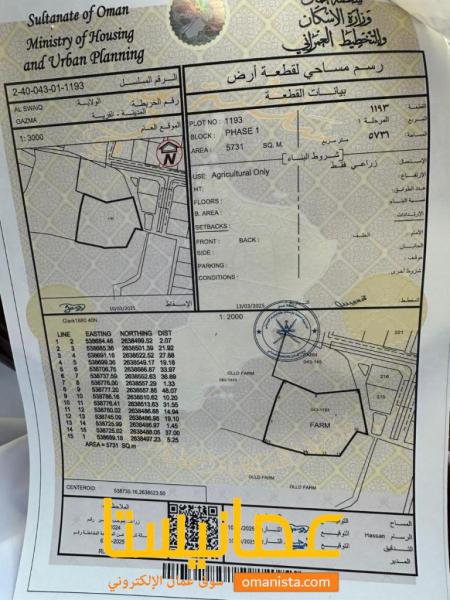 ارض زراعية مميزة في السويق منطقة جزماء رقم القطعة 1193