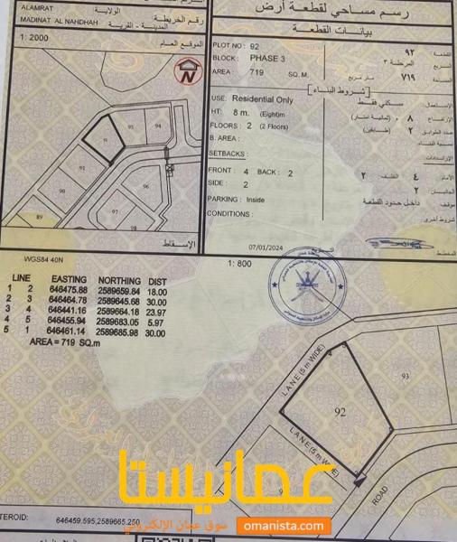 ارض سكنية مميزة في العامرات مدينة النهضة 7/1 رقم القطعة 92