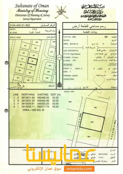 ارض سكنية مميزة في بركاء الدهس رقم القطعة 952