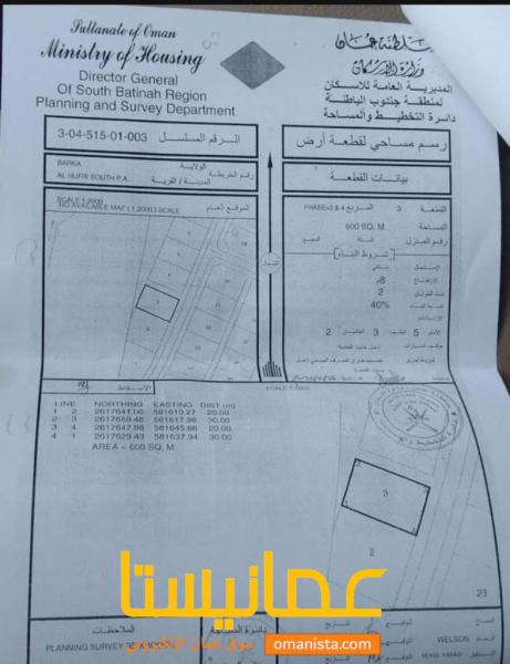 للبيع ارض سكنية ممتازة في بركاء الحفري الجنوب وسطية رقم القطعة 3