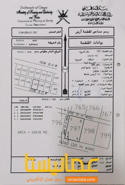 للبيع ارض سكنية ممتازة في بركاء النهضة زاوية ، رقم القطعة (7