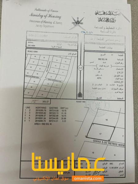 للبيع ارض سكنية ممتازة في بركاء حي عاصم زاوية ، رقم القطعة (