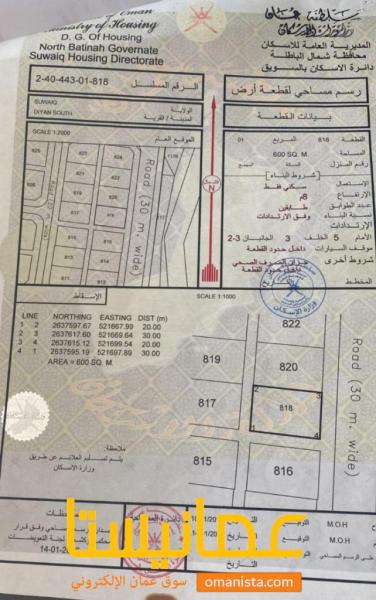 ارض سكنية مميزة في السويق ضيان جنوب رقم القطعة 818