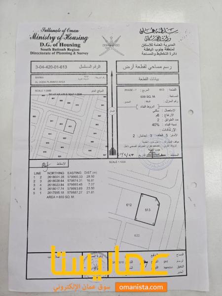 للبيع ارض سكنية ممتازة في بركاء العقدة السابعة كونر رقم القطعة 6