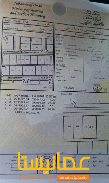 ارض سكنية مميزة في بركاء الصومحان جنوب رقم القطعة 1341