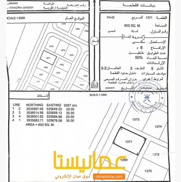 ارض سكنية مميزة في السويق الخضراء الجديدة رقم القطعة 1371
