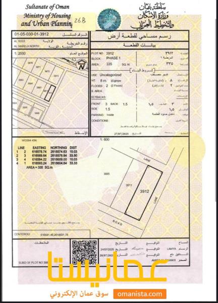 ارض سكنية مميزة في السيب الشرادي رقم القطعة 3912
