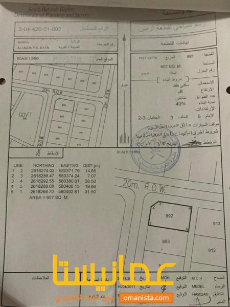 للبيع ارض سكنية ممتازة في بركاء العقدة السابعة كونر.