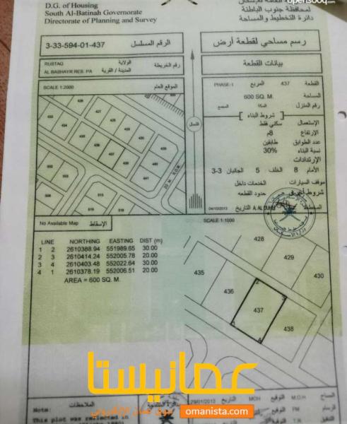 ارض ممتازة الموقع في منطقة البشاير ( ولاية الرستاق)