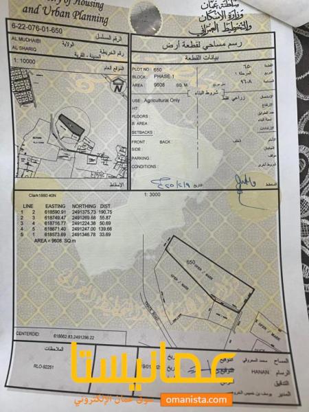 ارض زراعيه للبيع ولاية المضيبي مربع السهيلي