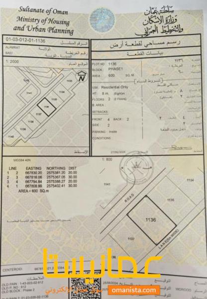 ارض سكنية مميزة في العامرات بعي رقم القطعة 1136