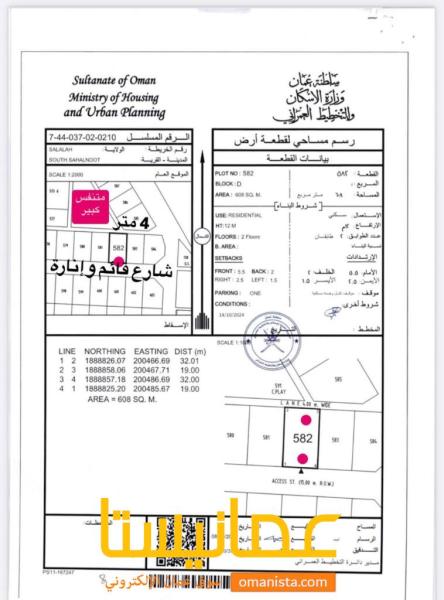 ارض سكنية مميزة في صلالة صحنوت الجنوبية رقم القطعة 582