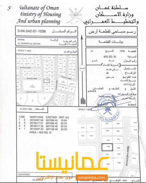 ارض سكنية مميزة في بركاء النعمان مخطط الواحة رقم القطعة 1038