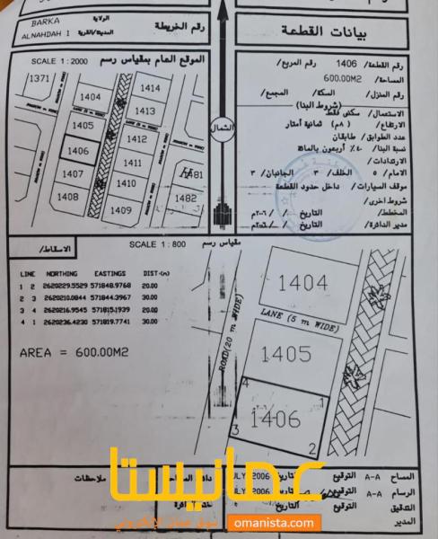للبيع ارض سكنية ممتازة في بركاء النهضة جنوب المرحلة الاولى وسطية