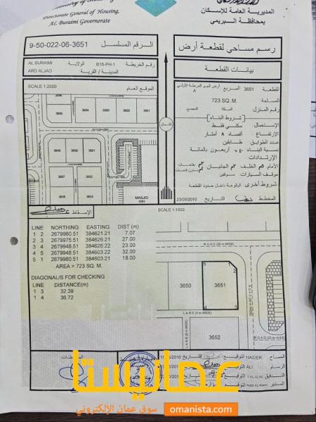 للبيع ارض سكنية ممتازة في البريمي أرض الجو كونر ، رقم القطعة (36