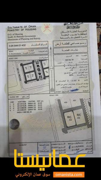 ارض سكنية تجارية مميزة في بركاء السلاحة جنوب رقم القطعة 432