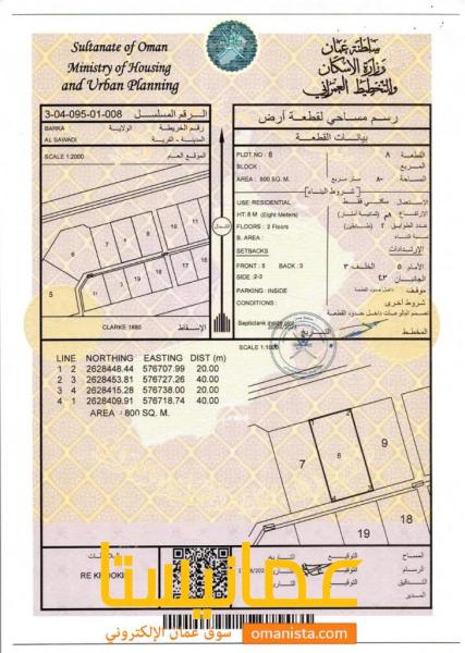 ارض سكنية مميزة في بركاء السوادي الاولى رقم القطعة 8