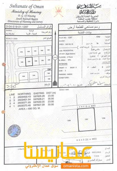 ارض سكنية مميزة في بركاء الفليج المعمورة رقم القطعة 1297