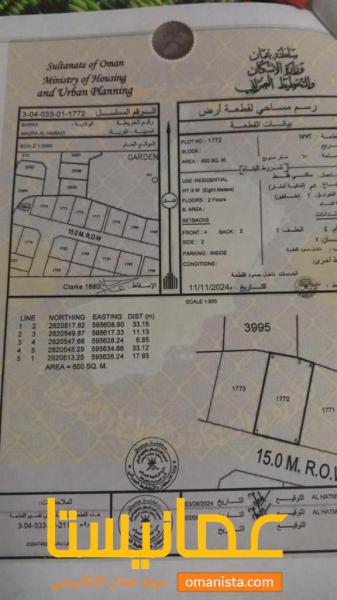 ارض سكنية مميزة في بركاء الحرادي الساحل رقم القطعة 1772