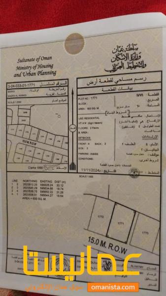 ارض سكنية مميزة في بركاء مزرع الحرث رقم القطعة 1771