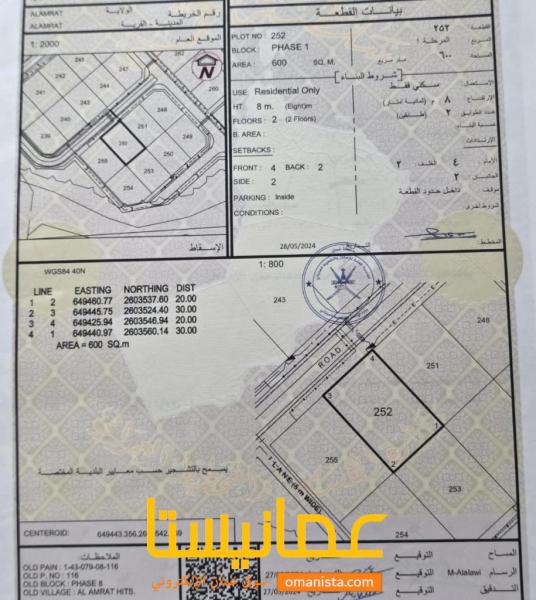 ارض سكنية مميزة في مرتفعات العامرات 8 رقم القطعة 252