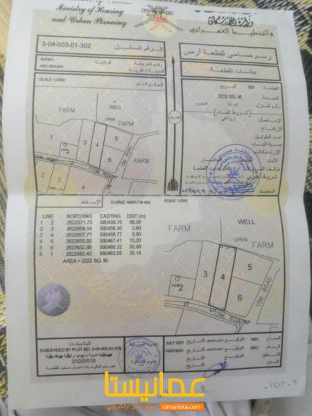 ارض زراعيه في ولاية بركاء للبيع