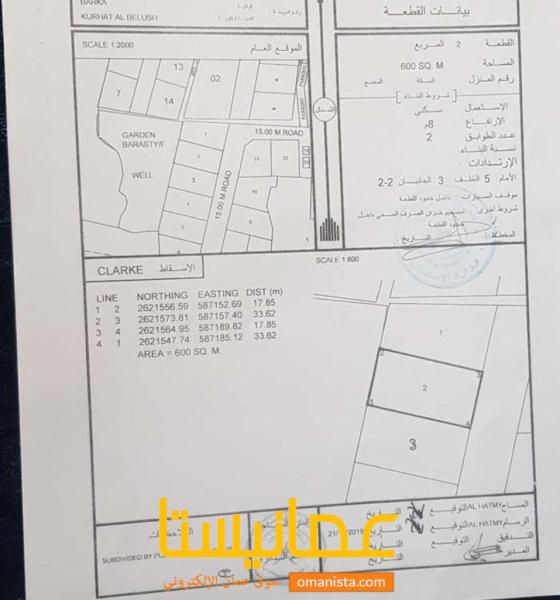 ارض سكنية مميزة في بركاء قرحة البلوش رقم القطعة 2
