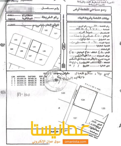 للبيع ارض صناعية في بركاء سقسوق زاوية رقم القطعة 134 .