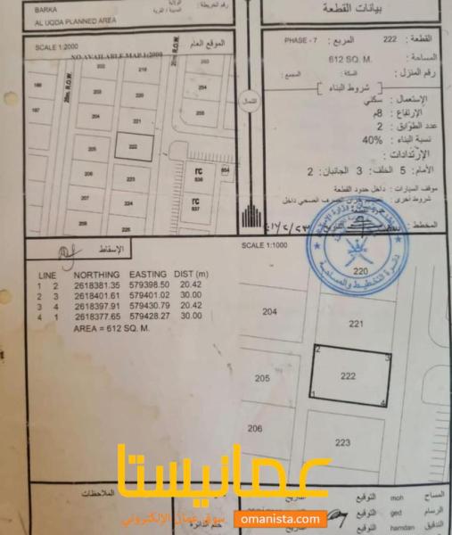 للبيع ارض سكنية ممتازة في بركاء العقدة السابعة زاوية ، رقم القطع