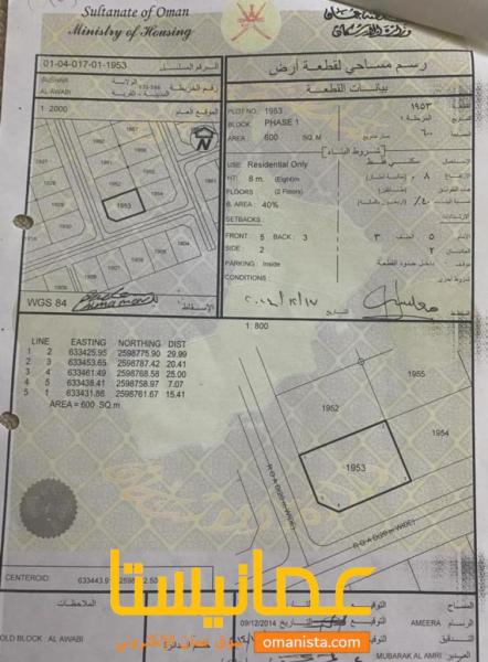 ارض سكنية مميزة في بوشر العوابي رقم القطعة 1953