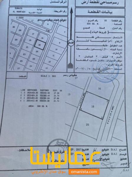 للبيع ارض سكنية ممتازة في السويق المنفش الجنوب وسطية، رقم القطعة