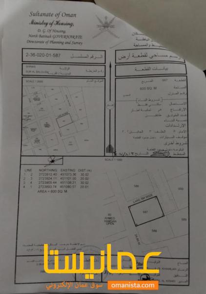 أرض سكنيه زاويه ولاية شناص سور البلوش الشرق