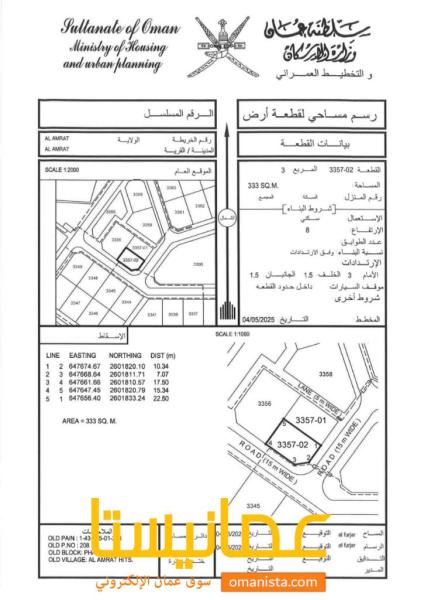 للبيع ارض سكنية ممتازة في العامرات مرتفعات 1\8 كونر، رقم القطعة 