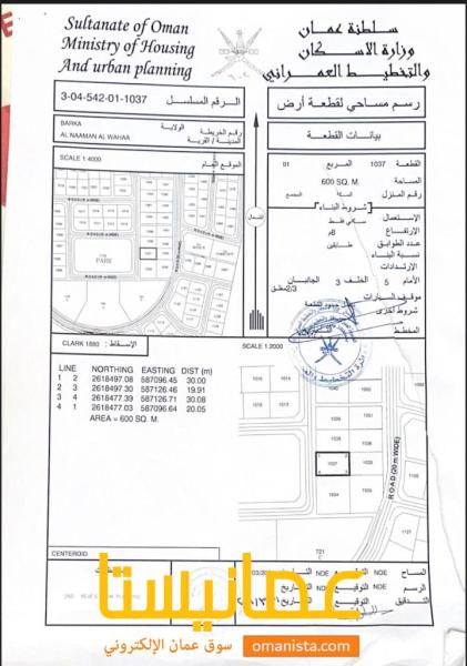 ارض سكنية مميزة في بركاء النعمان مخطط الواحة رقم القطعة 1037
