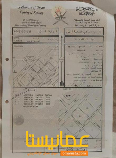 للبيع ارض سكنية ممتازة في بركاء الفليج الثانية الجنوب زاوية ، رق