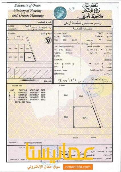 للبيع ارض سكنية ممتازة في الخوض السابعة زاوية ، رقم القطعة (