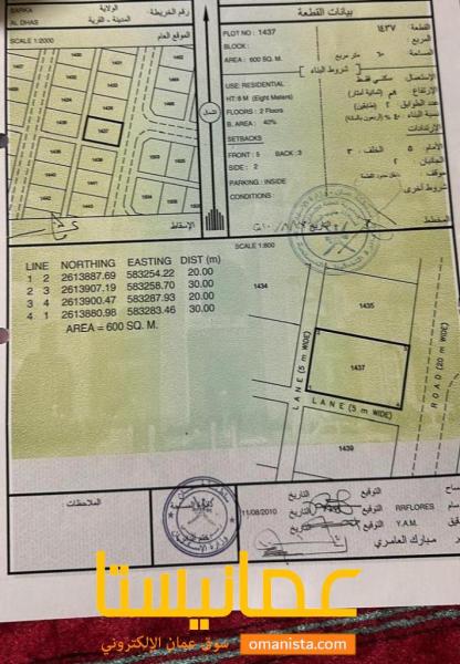 ارض سكنية مميزة في بركاء الدهس رقم القطعة 1437