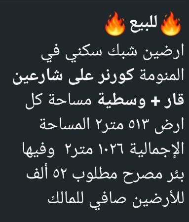 ارضين شبك للبيع في المنومه