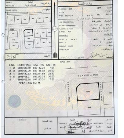 ارض سكنية مميزة في بركاء الفليج رقم القطعة 1668